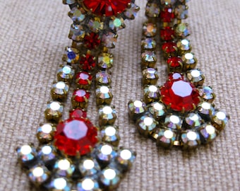 Glamorous Vintage Hollywood 1950s Style Clip On Earrings Bright Red Glass Stone AB Stones Cocktail Jewellery Prom Earrings Gift For Her