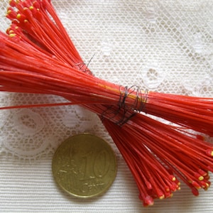 Vintage 1950s Red Millinery Stamens Hand Made French Silk Paper Flower Dolls Hat Trim Decorations Ribbon Work Miniatures DIY Craft 72Ps