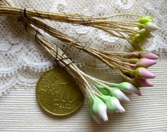 Vintage 1940s Stamens Millinery Trim Hand Made French Silk Flowers Ribbon Work Dolls Hats Mini House Basketry Decorations DIY Craft 18Ps