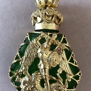 Vintage Czech Mini Frosted Green Perfume Bottle Set In Gold Plated Filigree  Saint George With Dragon Collectible  Scent Bottle Gift
