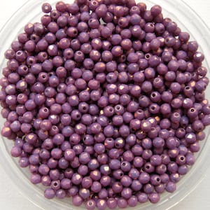 Perline sfaccettate in vetro cristallo ceco da 3 mm, colore viola con finitura speciale lucentezza oro, MillineryJewellery, venduto per 100 perline