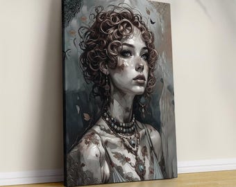 Mystische Frau Leinwanddruck - Modernes Porträt, abstrakte ästhetische Wohnkultur, Boho Kunstdruck für Wohnzimmer, tätowierte Frau