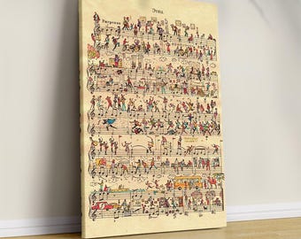 May include: A framed artwork featuring a whimsical illustration on aged paper. The artwork depicts a musical score filled with tiny figures engaged in various activities. The text "Умеренно" and "Этюд" are visible. The artwork is displayed on a wooden floor.