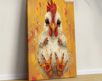 Funny Chicken Canvas Art, Whimsical Farmhouse Decor, Colorful Chicken Canvas Wall Art, Rustic Style Wall Art, Gift for Chicken Lovers