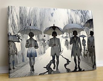 Naturel Street Scene, Rainy City Canvas Painting, Men And Women With Umbrellas, Natural rainy street, Walking In The Rain Art,
