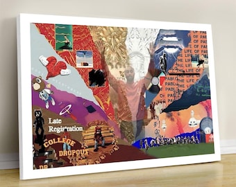 Kanye West Diskographie Collage Kunst, Hip Hop Album Era Wandkunst, Rap Dekor, Geschenk für Fans, kultiges Hip Hop Plakat, Kanye West Album