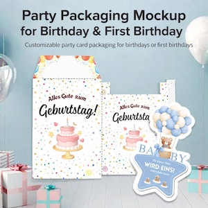 May include: Party packaging mockup for birthdays and first birthdays. The design includes a birthday cake, balloons, and the text "Alles Gute zum Geburtstag!" in German. A star-shaped card says "Baby wird eins!" with teddy bears.