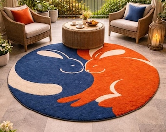May include: A circular area rug featuring a stylized yin and yang design composed of two rabbits, one in deep blue and the other in vibrant orange, with white accents. The rug has a soft, textured pile and is positioned on a stone patio floor.