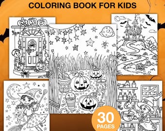 May include: A Halloween coloring book for kids featuring 30 pages of black and white illustrations. The images include pumpkins, a haunted house, a witch, and other spooky scenes. The cover text reads "Halloween Coloring Book for Kids."