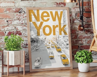 New York Taxi Printable Poster – NYC Street Wall Art, Yellow Cab