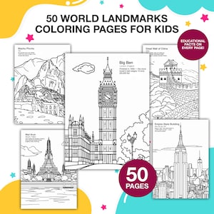 Puede incluir: Un conjunto de 50 páginas para colorear de monumentos del mundo para niños. Las páginas presentan dibujos lineales de monumentos famosos como Machu Picchu, el Big Ben, la Gran Muralla China, Wat Arun y el Empire State Building. Incluye el texto "50 PAGES".