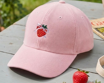 Personalized corduroy cap with strawberry design, embroidered baseball cap for women, strawberry hat with name, vintage cap, gift for her
