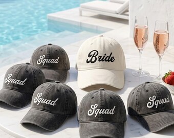 Personalized Bride Squad Hat, Custom Bachelorette Party Hat, Bridal Shower Gift For Bridesmaids, Vintage Washed Cotton Baseball Caps