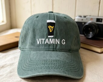 Personalized Vitamin G Pint Hat, Embroidered Washed Cotton Unisex Baseball Caps, Adjustable Beer Stout, Irish-inspired Hat, Vintage Dad Hat