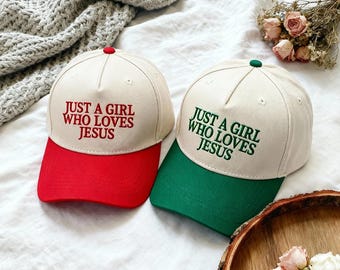 Just A Girl Who Loves Jesus Embroidered Trucker Hat, Faith-Based Christian Hat, Jesus Cap, Religious Trucker Hat, Canvas Two Tone Pink Hat