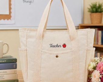 Personalized Teacher Tote Bag, Custom Embroidered Teacher Gift, End of Year Teacher Bag, Graduation Gift, Canvas Tote