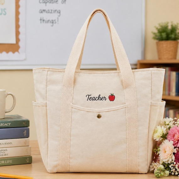 Personalized Teacher Tote Bag, Custom Embroidered Teacher Gift, End of Year Teacher Bag, Graduation Gift, Canvas Tote