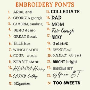May include: A beige graphic featuring a list of embroidery fonts. The title "EMBROIDERY FONTS" is at the top. Each font is numbered and displayed with its name, such as "ARIAL arial" and "COLLEGIATE". The fonts vary in style and size.