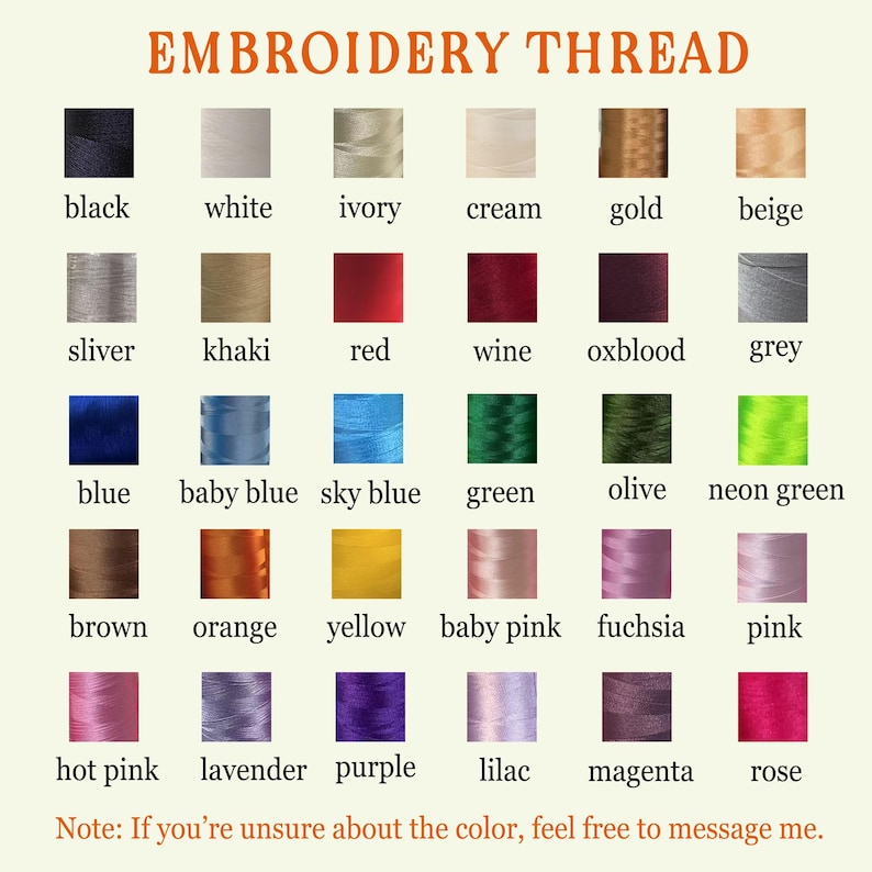 May include: A color chart of embroidery thread in various shades, including black, white, red, blue, and green. The chart displays the color names below each color swatch. The text "EMBROIDERY THREAD" is at the top.