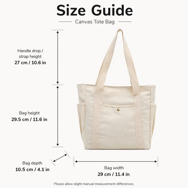 May include: A beige canvas tote bag with a size guide. The bag has a handle drop of 10.6 inches, a height of 11.6 inches, a depth of 4.1 inches, and a width of 11.4 inches. It features two exterior pockets and a button closure.