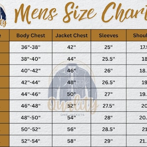 May include: A size chart for men's jackets, featuring measurements in inches for body chest, jacket chest, sleeves, and shoulders. Sizes range from XS to 5XL. The chart includes the "Quality One Jackets" logo.