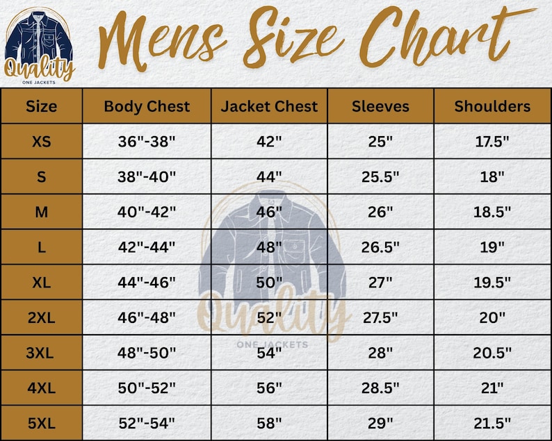 May include: A size chart for men's jackets, featuring measurements in inches for body chest, jacket chest, sleeves, and shoulders. Sizes range from XS to 5XL. The chart includes the "Quality One Jackets" logo.