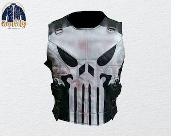 May include: A white and black leather vest featuring a skull design on the front. The vest has black accents, straps, and pockets. The vest is a sleeveless garment with a high collar and is likely a costume or cosplay item.