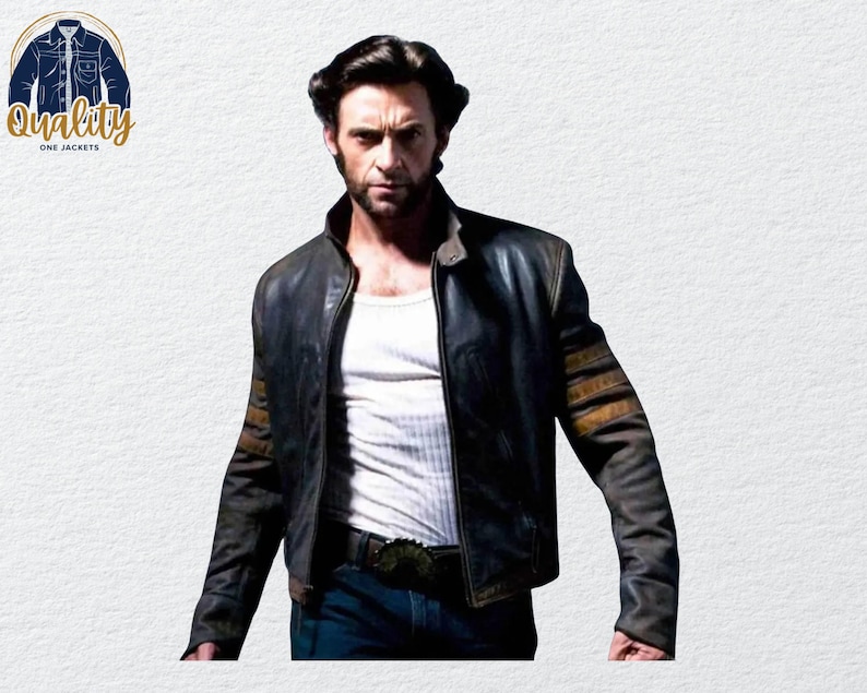May include: A distressed black leather jacket with brown accents on the sleeves. The jacket has a classic collar and a front zipper. The person in the image is wearing a white undershirt and blue jeans. The jacket is part of the "Quality One Jackets" collection.