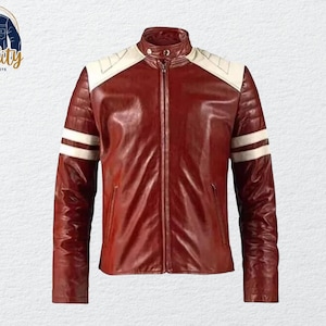 May include: A burgundy leather jacket with white shoulder accents and white stripes on the sleeves. The jacket has a full zipper closure and a stand-up collar. The logo "Quality One Jackets" is in the upper left corner.