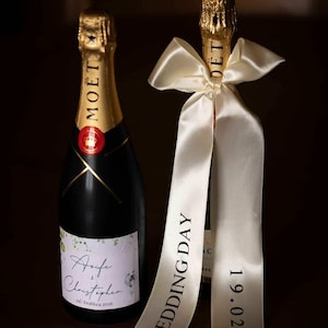 Gepersonaliseerde strik champagnefles | Champagnestrik bruiloft | Vrijgezellenfeestcadeau | Bruiloft ochtenddecoratie | Cadeau voorstel bruidsmeisje