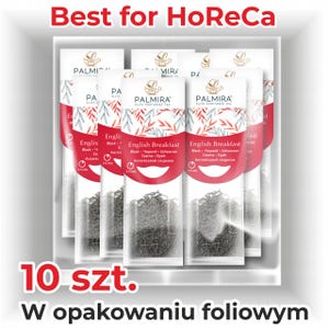 May include: A pack of ten English Breakfast tea bags in clear individual sachets. The tea bags are labelled "PALMIRA ELITE PORTIONED TEA" with text in multiple languages. The packaging reads "Best for HoReCa".