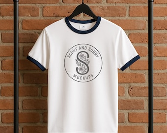 Men's Staple Ringer Tee Mockup, AS Colour 5053, White and Navy