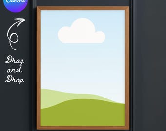 May include: A framed art print featuring a landscape scene with a white cloud, green hills, and a blue sky. The frame is a light brown color. The image also includes the text "Drag and Drop" and the Canva logo.