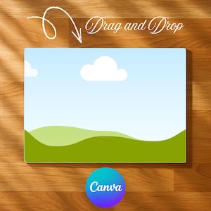 Könnte beinhalten: Eine digitale Grafik mit blauem Himmel, weißen Wolken und grünen Hügeln. Die Worte "Drag and Drop" sind in Kursivschrift geschrieben, mit einem Pfeil, der auf das Bild zeigt. Ein blauer und violetter Kreis mit dem Wort "Canva" befindet sich unten.