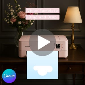 May include: A pink Canon printer sits on a dark wood table, with a printed page featuring a cloud graphic. The image includes text that reads "Video Template" and "Drag and Drop". A lamp and a vase of flowers are also in the scene.