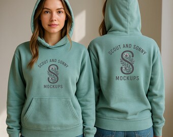 Maqueta de sudadera con capucha Comfort Colors 1567 en color espuma de mar, delantera y trasera