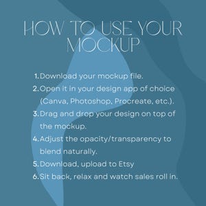 May include: A teal-colored graphic with the text "HOW TO USE YOUR MOCKUP" and numbered steps for using a mockup file. Instructions include downloading, opening in a design app, and uploading to Etsy.