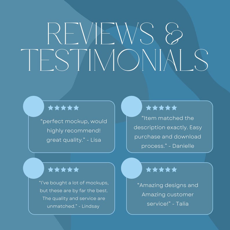 May include: A blue background with the words "REVIEWS & TESTIMONIALS" in white. Four customer reviews are displayed in light blue boxes with star ratings. The reviews highlight product quality and customer service.