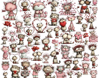 Grillige katten Valentijnsdag clipart: liefdesgraphics (digitale download: 74 png-bestanden)