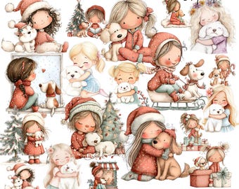 Whimsical Girl & Dog Love Clipart: Sweet Graphics (Digital Download - 43 PNGs)