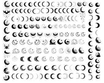 Floral Crescent Moon Clipart Bundle: Night Sky SVG, PNG (Instant Download)
