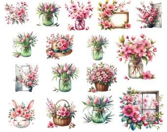 Clipart printemps fleurs roses : graphiques floraux fantaisistes (téléchargement numérique - 40 fichiers PNG)