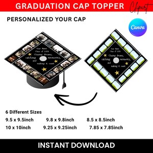 May include: Graduation cap topper with a personalized design. The black square topper features a film strip border and space for photos. Text includes "Your Name, Class of 202k, Chasing dreams, catching memories, and making it count." Available in 6 sizes, from 7.85 x 7.85 inches to 10 x 10 inches.