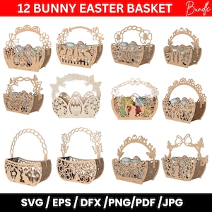 Puede incluir: Una colección de doce cestas de Pascua de madera cortadas con láser. Cada cesta presenta diseños intrincados, incluyendo patrones florales, conejitos y huevos de Pascua. La imagen incluye el texto "12 BUNNY EASTER BASKET Bundle" y opciones de tipo de archivo.