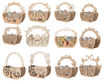 Cesta de Páscoa de Coelho em SVG – Arquivo para Corte a Laser com 12 Peças, Cesta de Presente de Madeira (Download Digital)