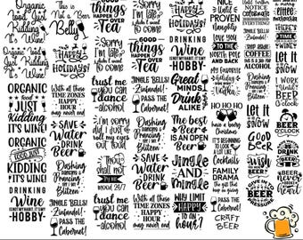 May include: A digital SVG bundle with 121 beer quotes. The design features various phrases and sayings related to beer, wine, and drinking. The text is displayed in a variety of fonts and styles, in a black and white colour scheme. The bundle includes AI, EPS, DFX, PDF, JPG, and PNG files.