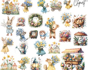 Watercolor Spring Animals Clipart – Floral Woodland PNG (Digital Download)