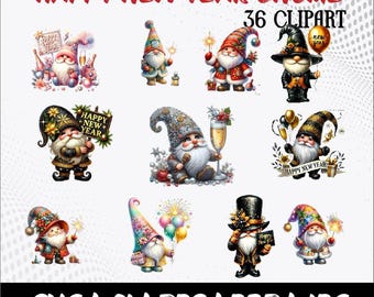 New Year Gnomes Clipart Bundle: Watercolor PNG Graphics (Commercial Use)
