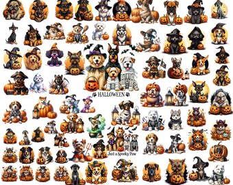 Halloween Dogs in Costume PNG Bundle – Watercolor Pet Illustrations
