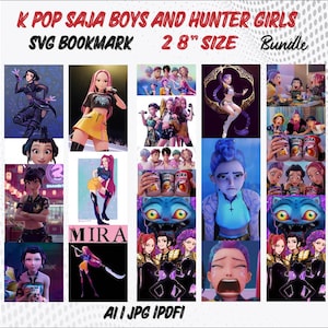 May include: A digital art bundle featuring various K-Pop and anime-style characters. The images include illustrations of girls and boys, some holding microphones, and others in action poses. The text includes "K POP SAJA BOYS AND HUNTER GIRLS" and "SVG BOOKMARK 2.8" SIZE".